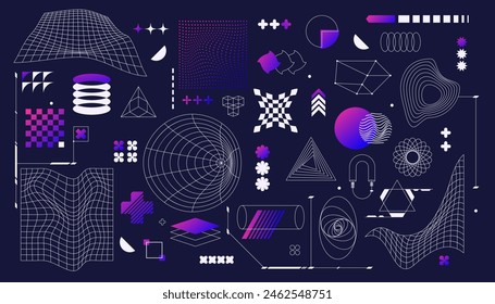 Set of futuristic geometry shapes. Vector isolated wireframe and bended grids. 3d cyber or sci-fi elements. Geometric mesh for future poster. Topology and science cover element. Techno template