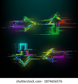 Set of futuristic glitch arrows in cyberpunk style. Modern glowing direction pointers with distortion effect. Good for design promo electronic music events, games, banners, web. Vector
