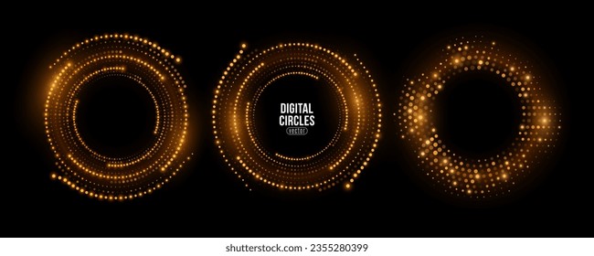 Set of futuristic golden frames with glowing dots. Big Data visualization. Swirl energy rings into cyberspace. Modern digital banner. Vector illustration. EPS 10.