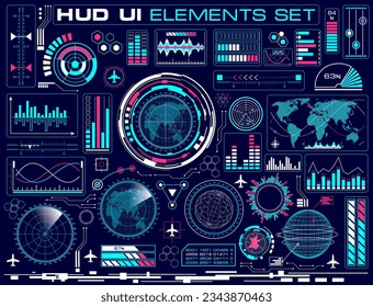 Set of futuristic graphic user interface HUD. Infographic design UI elements and radar screens. Head up display icons. Vector illustration.