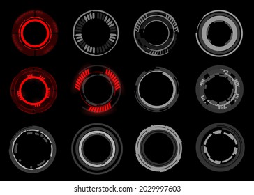 Set of futuristic gray and red circles. Circle of technology HUD, UI. Futuristic shining portals. Circular panel in the shape of a circle. Panel with circles on black background