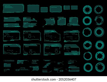 Set of futuristic green frames, dialog boxes, circles and targets. Elements for the user interface HUD, UI. Modern futuristic digital frames for games. Set of cyber frames for HUD user interface