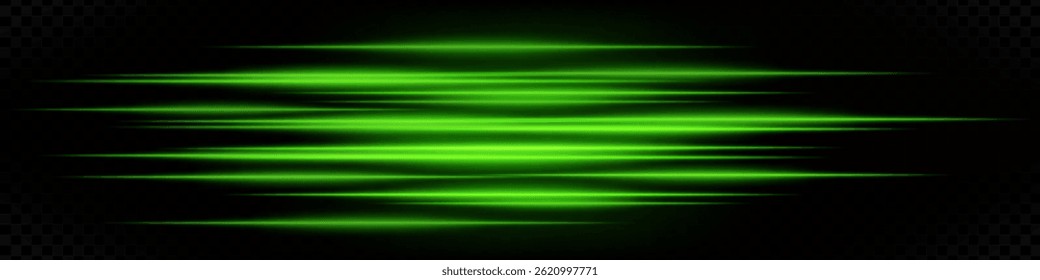 Set of futuristic green horizontal neon speed lines on dark background. Abstract glowing beams ideal for technology, interface, digital effects. EPS vector illustration.