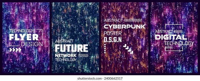 Set of futuristic halftone cyberpunk glitchy posters. Colorful dotted digital technology design for brochure, flyer, magazine, business card, banner. Hi-tech and Big data concept. Vector illustration