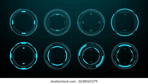 Set of futuristic head up display vector graphic interface elements for user interface design and technology concept. HUD vector graphics. 