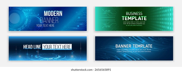 Un conjunto de Anuncios futuristas de alta tecnología con líneas y engranajes en tonos azul-verde. Adecuado para temas de TI, presentaciones de negocios, publicidad, startups y contenido digital.