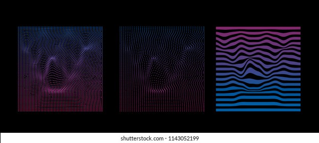 Set of futuristic holographic glitched frames, square elements on dark background. Synthwave / cyberpunk style.