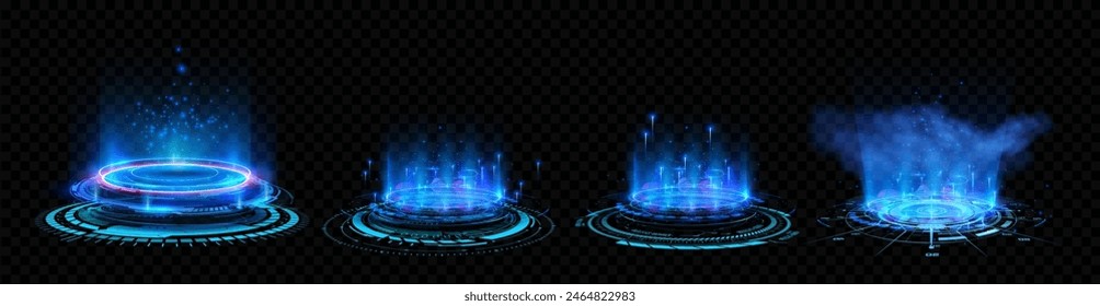 A set of futuristic holographic interfaces displaying blue glowing elements on a transparent background. The high-tech digital projections are perfect for sci-fi and technology-themed designs. Vector