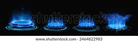 A set of futuristic holographic interfaces displaying blue glowing elements on a transparent background. The high-tech digital projections are perfect for sci-fi and technology-themed designs. Vector