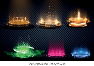 Set of futuristic holographic light effects in glowing neon colors including orange, green, pink, and blue. High-tech digital sci-fi interfaces with glowing rings, particles, and energy beams on trans