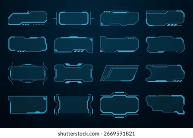 Conjunto de marcos de título HUD futuristas con contornos azul neón sobre un fondo oscuro. Interfaces Cyberpunk y superposiciones de juegos