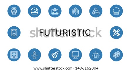 Set of futuristic icons such as Robotics, Crystal ball, Rocket, Cubes, Monitor, Robot, Black hole, Spaceship, Space station , futuristic