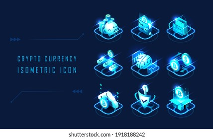 set of futuristic isometric cryptocurrency symbols design, suitable for icons or presentation graphic resource