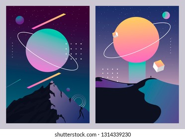 Set of futuristic landscape with the planet Saturn. Eps 10.
