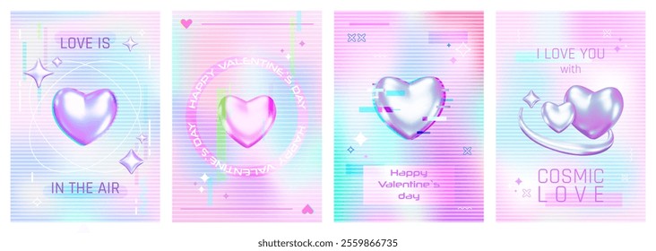 Set of futuristic love cards with 3d chrome hearts, inflated star on blurred neon gradient background, ripped glass effect. Valentine's Day holographic design. Abstract glitch art. Vector illustration