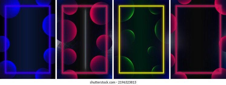 Set of futuristic neon frames on dark background. Colorful glowing borders with 3d spheres. Editable Vector Illustrations. EPS 10.