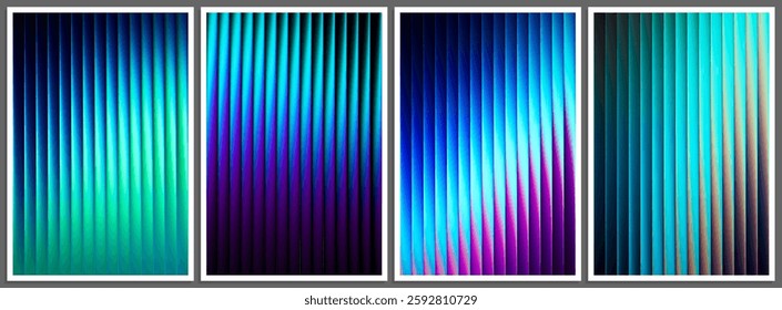 Set of futuristic neon gradient posters with fluted vertical lines. Bold dynamic technology design blending deep smooth tones and radiant colors for modern visual art project. Vector illustration