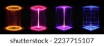 Set of futuristic neon portals on transparent background. Realistic vector illustration of round square holographic gate glowing in yellow, red, purple, blue. Virtual reality, cyber space podiums