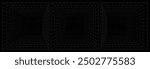 Set of futuristic perspective grid box. Abstract wireframe with white grid line on black background. Virtual reality landscape in 80s 90s digital style. Vector illustration.