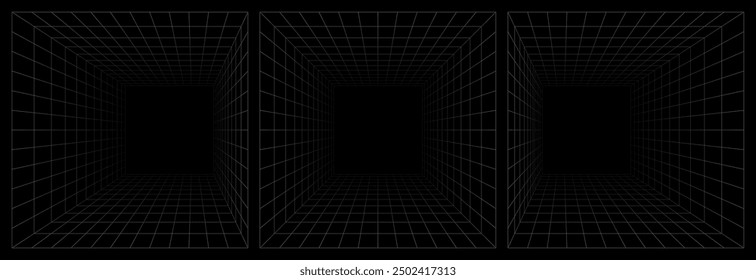 Set of futuristic perspective grid box. Abstract wireframe with white grid line on black background. Virtual reality landscape in 80s 90s digital style. Vector illustration.