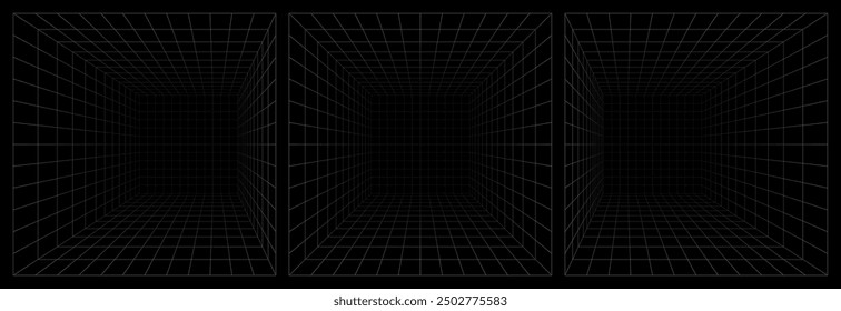 Conjunto de caja de cuadrícula de perspectiva futurista. Estructura de alambre Abstractas con línea de rejilla blanca sobre fondo negro. Paisaje de realidad virtual en estilo digital de los años 80 y 90. Ilustración vectorial.