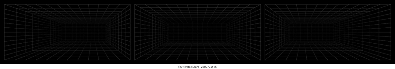 Set of futuristic perspective grid box. Abstract wireframe with white grid line on black background. Virtual reality landscape in 80s 90s digital style. Vector illustration.