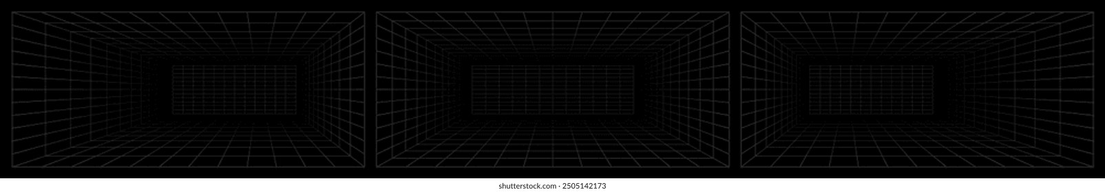 Set of futuristic perspective grid box. Abstract wireframe with white grid line on black background. Virtual reality landscape in 80s 90s digital style. Vector illustration.