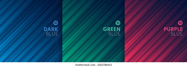 Set of futuristic pink, green, blue dynamic diagonal stripes light on dark blue abstract background with copy space. Modern technology banner ideas collection design. Vector illustration