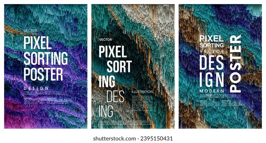 Set of futuristic pixel sorting style posters. Geometric trendy glitch art design cover and poster design template for magazine. Modern geometric pixel art poster. Digital noise.  Vector illustration