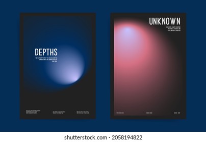 Set of futuristic poster covers with circular gradient black background. Trendy modern a4 vertical design. Minimal templates for posters, book covers, placards, presentation, flyer. Blue pink vector.