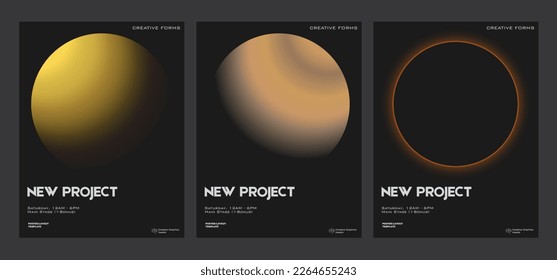 Set of futuristic poster covers with circular gradient black background. Minimal templates for posters, book covers, placards, presentation, flyers.