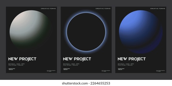 Set of futuristic poster covers with circular gradient black background. Minimal templates for posters, book covers, placards, presentation, flyers.