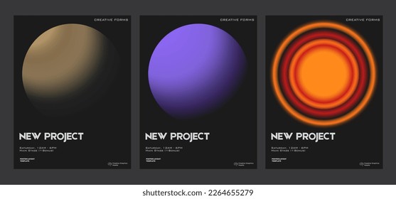 Set of futuristic poster covers with circular gradient black background. Minimal templates for posters, book covers, placards, presentation, flyers.