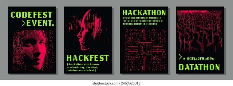 Set of futuristic posters with 8-bit pixel art illustrations of glitched human heads. Covers for hackathon (also known as a hack day, hackfest, datathon or codefest) event.