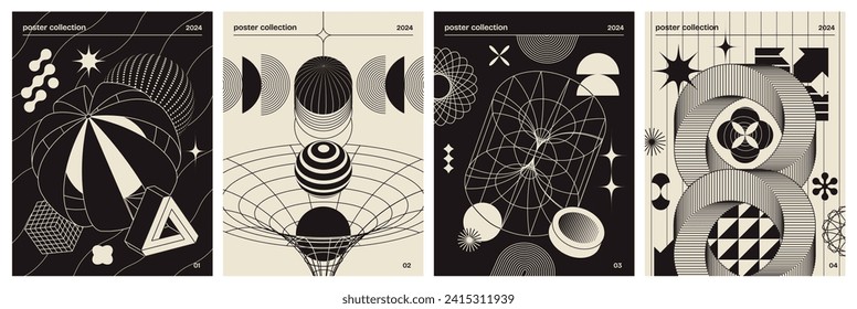 Set of futuristic posters in brutalism style. Minimalistic covers with graphic wireframes, geometric shapes and inscriptions. Flyer design. Cartoon flat vector collection isolated on white background