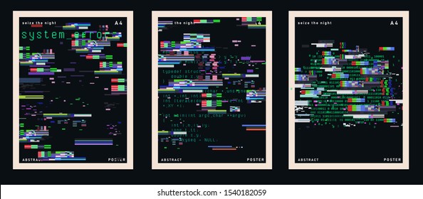 Set von futuristischen Plakaten im Cyberpunk-Stil mit glitzernder Zufallssyntax für Wissenschafts- oder IT-Business-Konferenz.