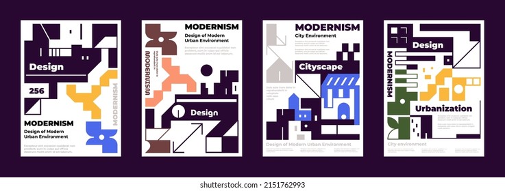 Conjunto de afiches futuristas en el estilo moderno abstracto brutalismo, paisaje arquitectónico, ambiente urbano, urbanización, diseño de edificios y construcción. Ilustración del vector