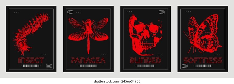 Set of futuristic posters with retro photocopy elements. Stylish caterpillar, skull, butterfly, dragonfly print for streetwear,T-shirts, sweatshirts. Vector illustration.