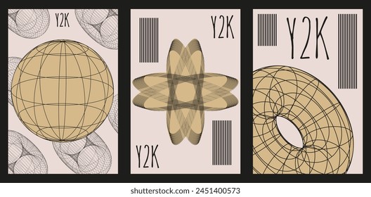 Setzen Sie futuristische Poster mit trendigen Wireframe Abstrakten Formen. Banner-Kit mit geometrischen Drahtmodell-Formen. Y2K Abstrakte Vektorgrafik kann Web und Social Media Banner Poster Card Vorlage verwenden