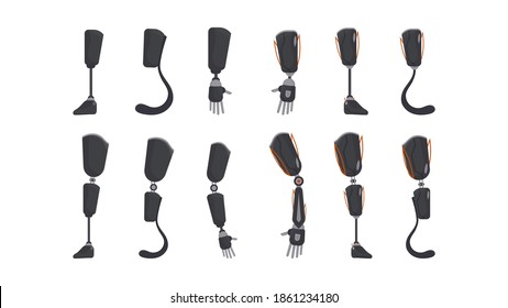 A set of futuristic prostheses for people. Metal prosthetic arm and leg in flat style. Vector.