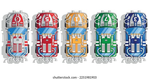 Set of futuristic racing cars. View from above. Isolated on white background. Vector illustration. 
