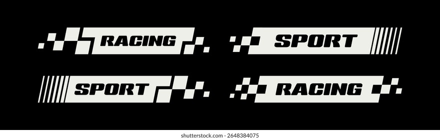 Set of futuristic racing stripes with text Sport and Racing. Decals for tuning car, motorcycle and bicycle. Vehicle stickers collection on black background. Vector illustration