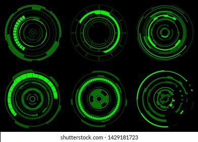 Set of futuristic radial graphic elements. Neon Green HUD. Circle Head-up display for web and app. Futuristic user interface. Template UI for web, app, virtual reality. Vector illustration