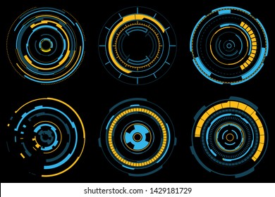 Set of futuristic radial graphic elements. Neon blue and yellow HUD. Circle Head-up display for web and app. Futuristic user interface. Template UI for web, app, virtual reality. Vector illustration