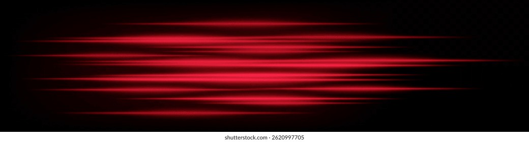 Conjunto de linhas de velocidade de néon horizontais vermelhas futuristas sobre fundo escuro. Feixes brilhantes abstratos ideais para tecnologia, interface, efeitos digitais. Ilustração vetorial de EPS.