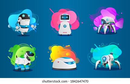 Set of futuristic research cyborgs with artificial intelligence, logo template, colorful background. High tech artificial intelligence cyber smart robot. Hitech developed machinery robot. Flat image