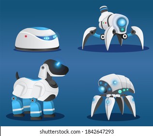 Set of futuristic research cyborgs and robots with artificial intelligence. Dark blue background with shadow. High tech artificial intelligence cyber smart robot. Hitech machinery robot. Flat image