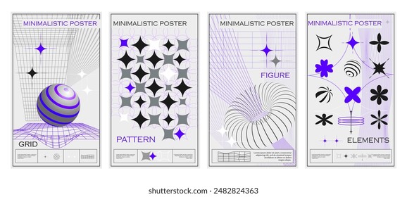 Set of futuristic retro posters. Abstract flyers with strange geometric shapes, 3D figures, lines and wireframes in brutalism style. Minimalistic vector illustrations isolated on white background