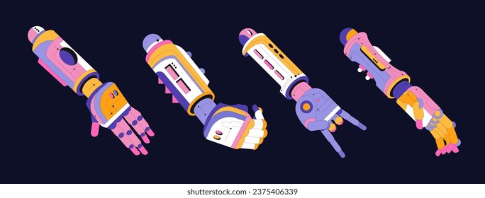 Set futuristic robot hands. Bionic prosthesis and hand gestures in Memphis style. Cartoon illustration of a robotic arm