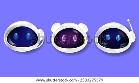 Set of futuristic robotic avatars featuring glossy black faces, glowing eyes, and white space helmets. Ideal for AI assistants, chatbots, technology icons, and sci fi designs.Vector illustration